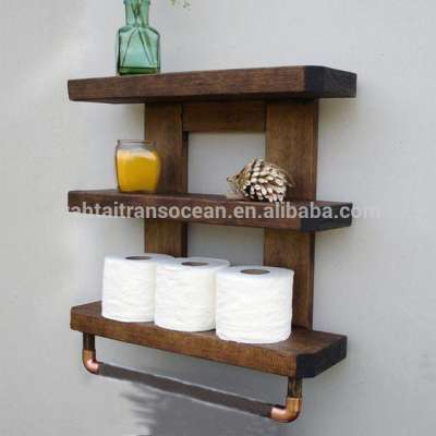 Rustic Wood Walnut stained bathroom organizer with towel bar.