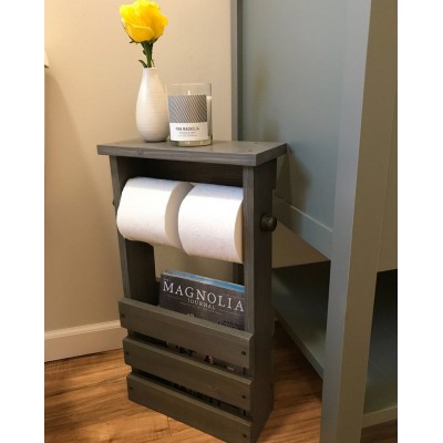 Toilet Paper Holder Free Standing Bathroom Magazine Rack, Wooden Tablet iPhone Shelf, Modern Farmhouse Rustic Decor