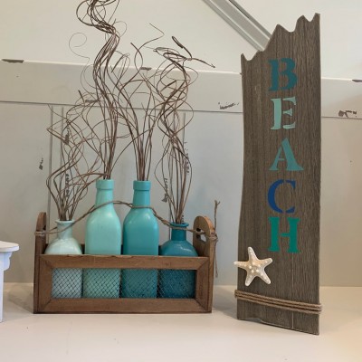 Blue and seafoam green handpainted OMBRE glass bottles with wooden crate beach  coastal  farmhouse  decor